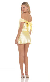 Satin Off Shoulder Dress in Yellow